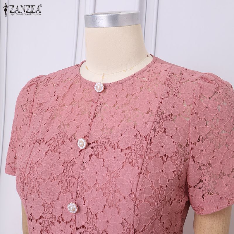 ZANZEA Rochie de vară casual pentru femei, cu gât rotund, patchwork din dantelă, cu mânecă scurtă