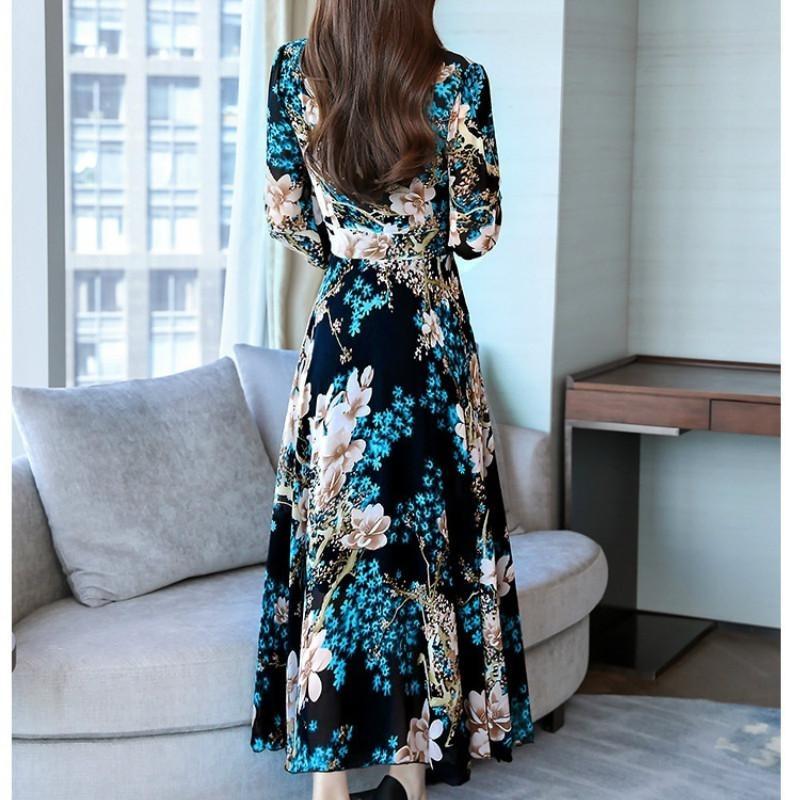 Langermet V-halskjole Kvinner Høst Slim Fit Lang A-linje stort skjørt