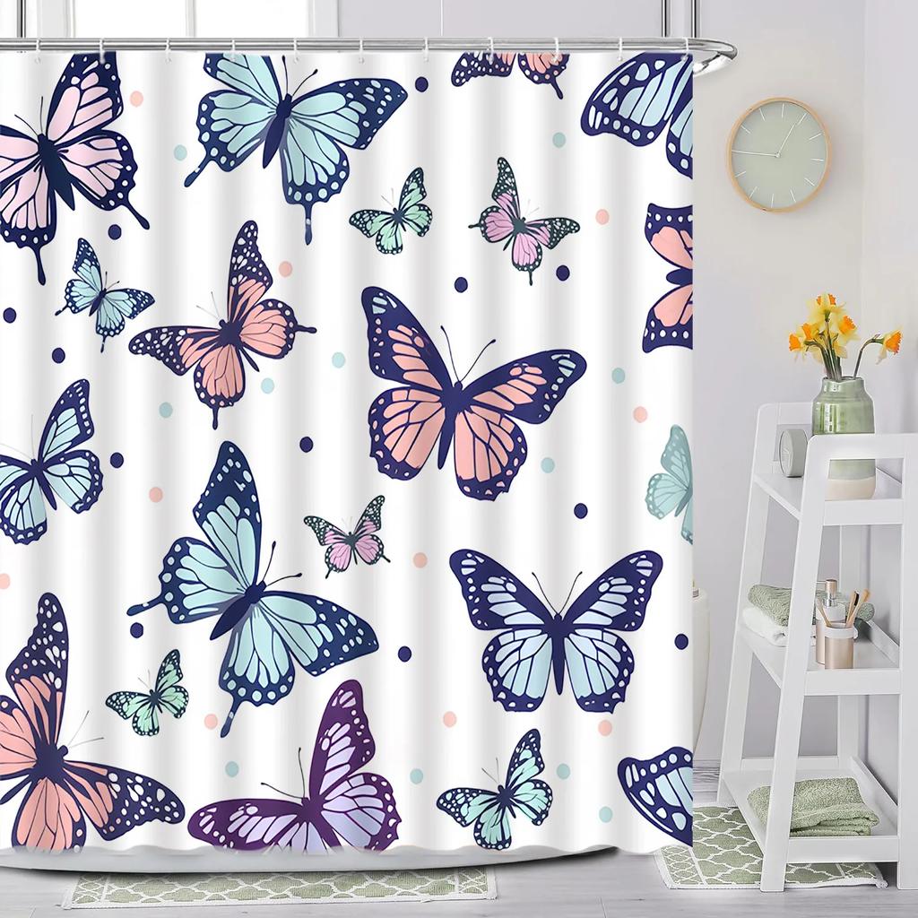 Butterfly Shower Curtain, Spring Flower Watercolor Farm Daisy Purple Flower Modern Simple Aesthetic Printed Bathroom Decoration