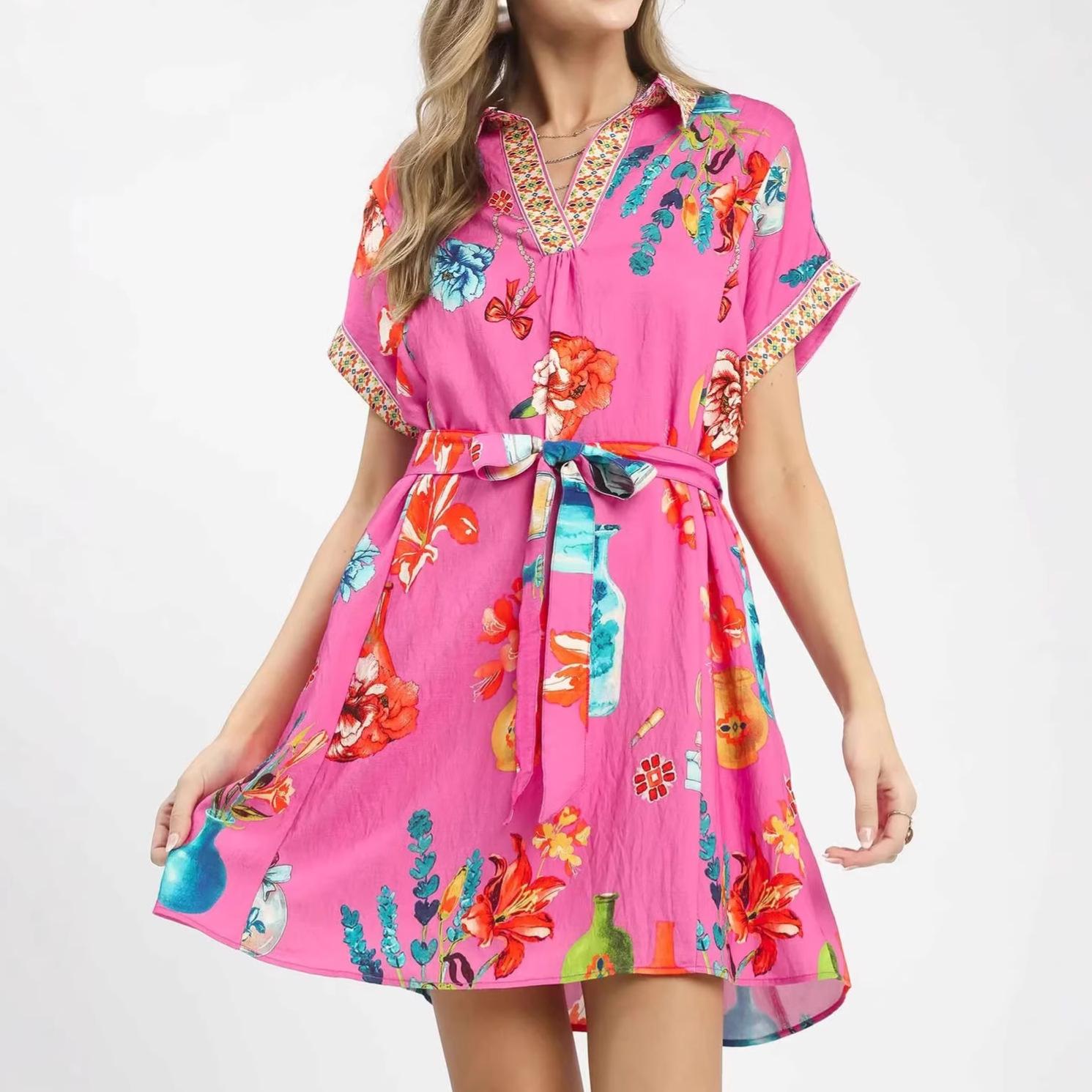 2026 Summer Floral Print V-Neck Tie Waist Short Dress for Women Extra Large розовый