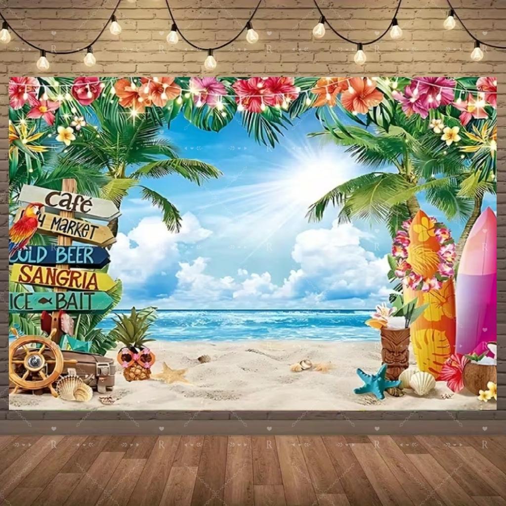 Summer Beach Holiday Party Decoration Backdrop Sunshine Flamingo Ocean Surfboard Portrait Photography Background Props Banner