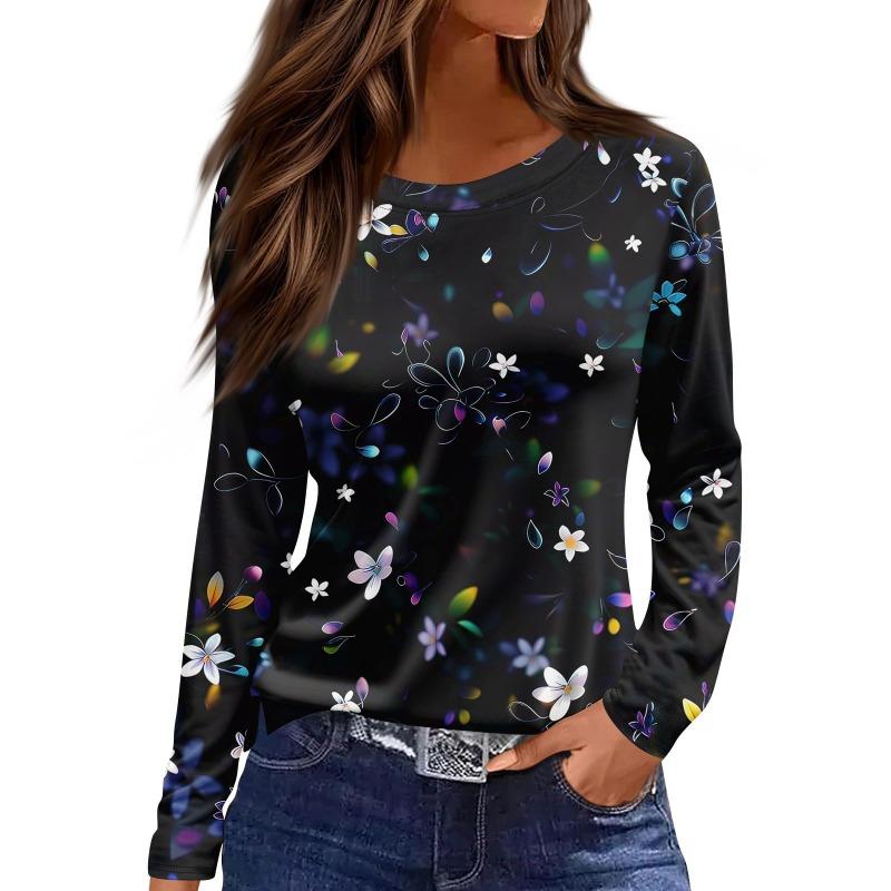 Women's Casual T-shirt 3D Floral Print Round Neck Retro Elegant Long Sleeves Women's Fashion Pullover Long Sleeve T-shirt Top