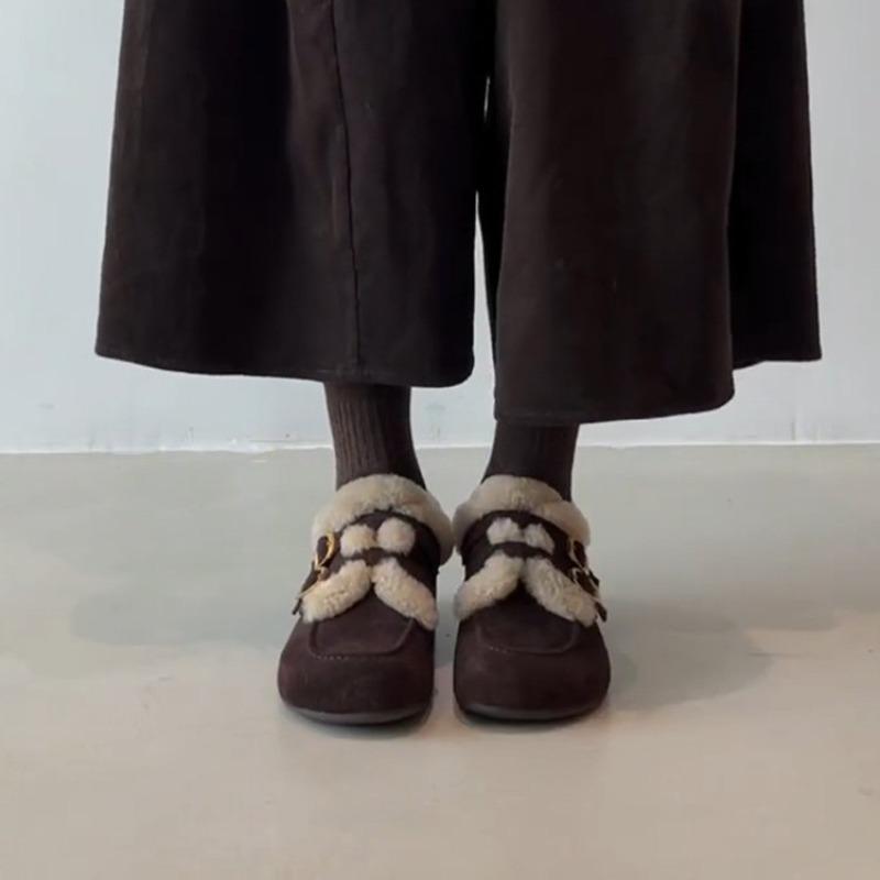 Retro Insole Height-increasing Shoes for Women, Round-toed Fleece Cotton Shoes