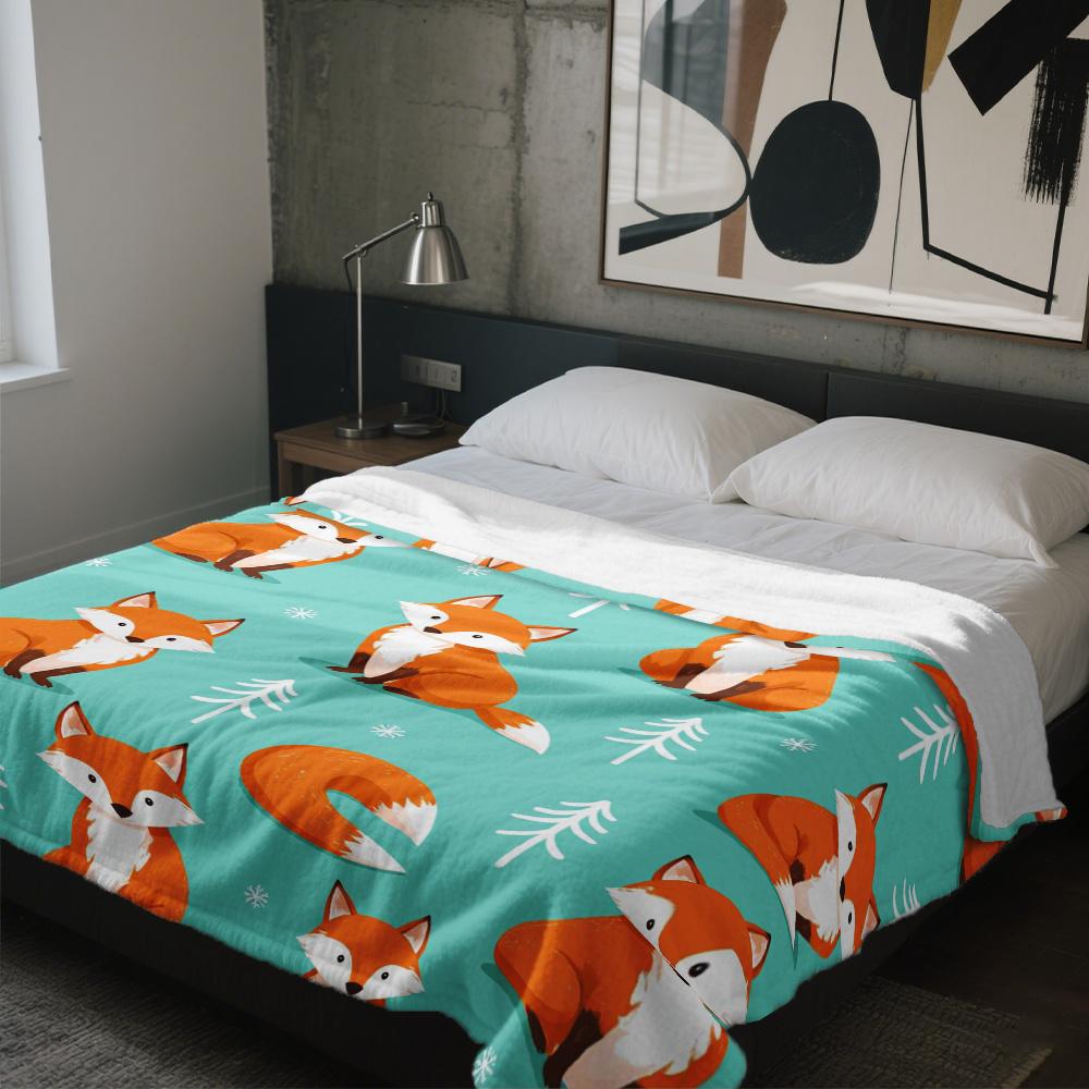 Süßer Fuchs Wintermuster Flanell Überwurf Türkis Orange Füchse Kiefern Design Weich Gemütlich Ganzjahres für Bett Sofa Auto Büro