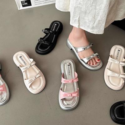 Mode 2024 Nouvelles Chaussures de Plage Françaises Tongs à Bout Ouvert et Bout Carré Femmes Été Mode Nœud Papillon Ballerines Plates Sandales Simples pour Femmes