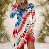 Women Criss Cross V Neck Long Sleeve Printed Navy Blue Fitted Curved Hem Dress