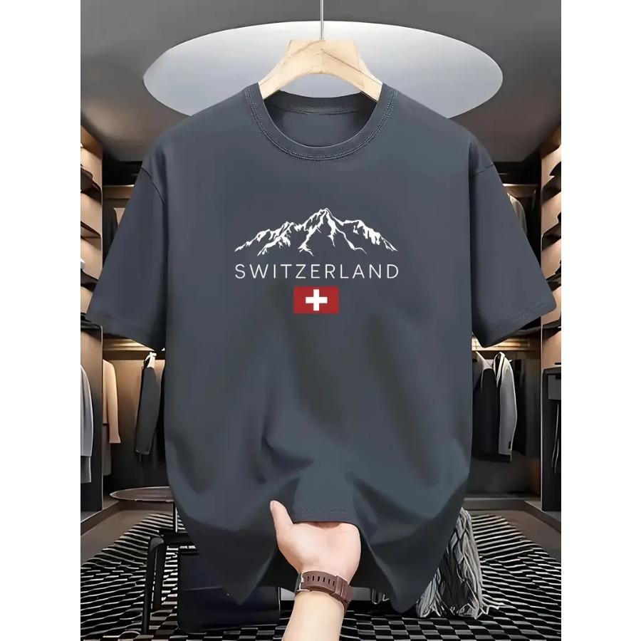 Men's Cotton Casual T-shirt, Round Neck Short Sleeved, Printed with Swiss Mountain Pattern, Regular Style, Slightly Elastic, Suitable for All Seasons