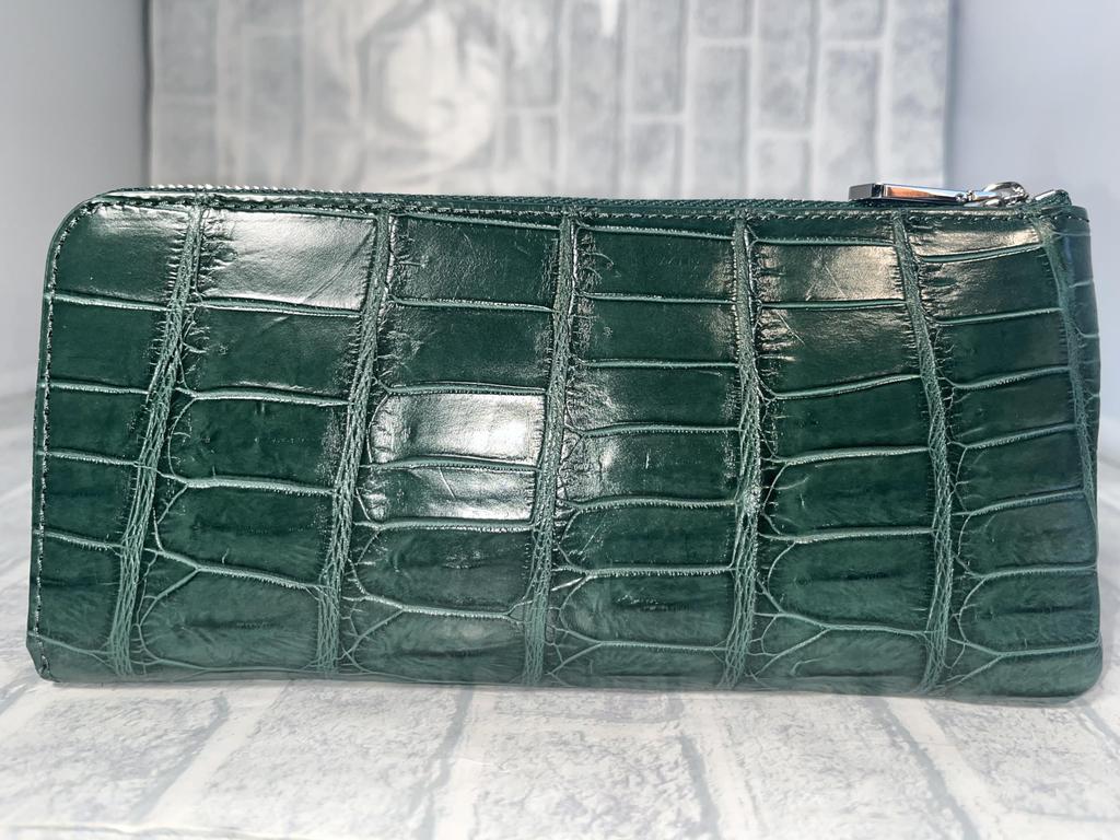 GUODI Genuine Crocodile Leather Matte Crocodile Long Wallet with L-Shaped Zipper, for Men and Women, W169L (Cyprus Green)