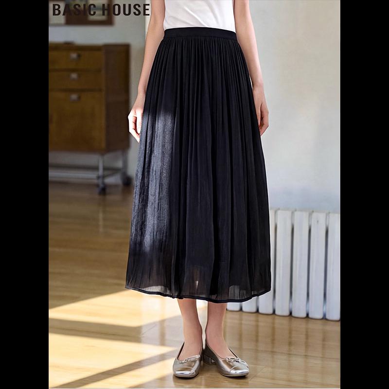 Basic House Women s Black Mesh Pleated Midi Skirt