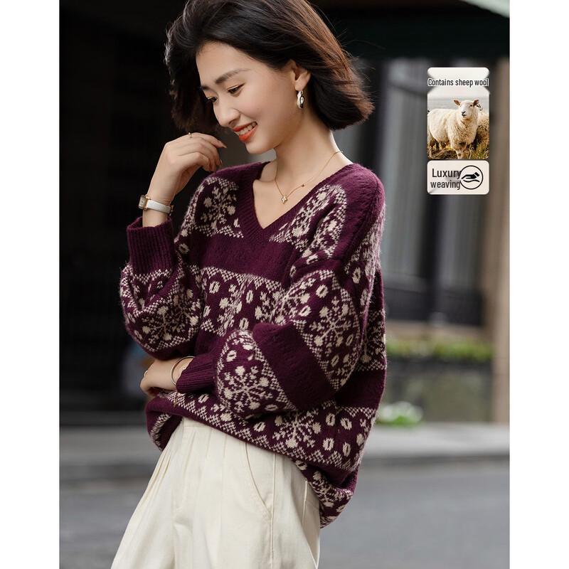 Demana Women's V-Neck Snowflake Jacquard Knit Sweater