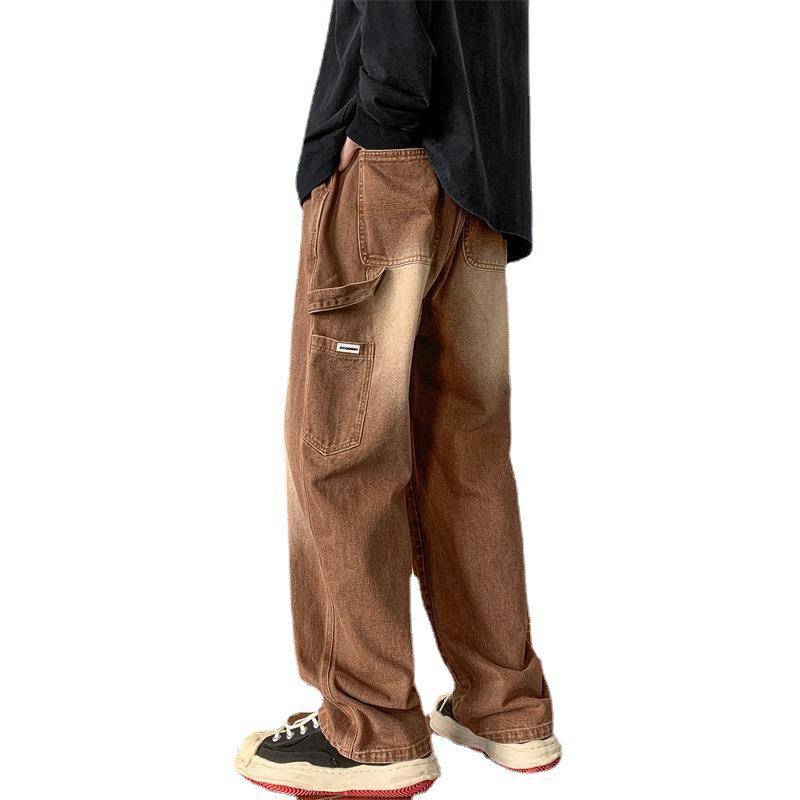 Calça jeans masculina estilo American Retro Brown Wide Leg: Macacões versáteis, folgados e de outono para as ruas da cidade