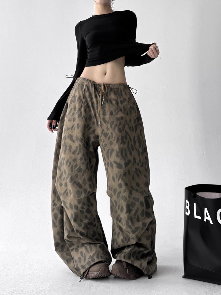 Vintage Leopard Print Casual Pants Women Spring/Autumn New Style Loose Fit Straight Leg Dance Wide Leg Pants