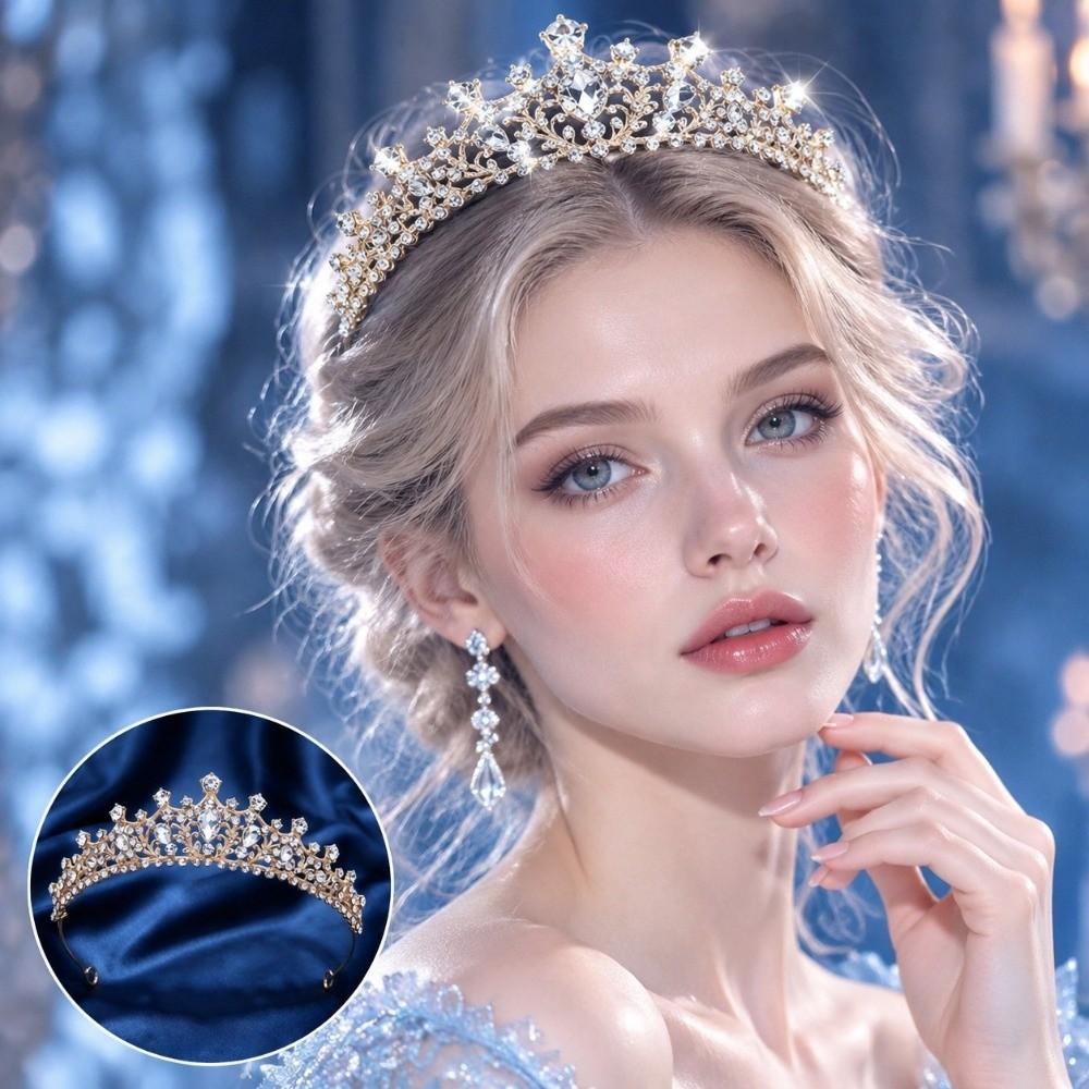 Gold Plated Water Drop Crown Shiny Rhinestone Bridal Tiara Elegant Queen Crown  Pageant