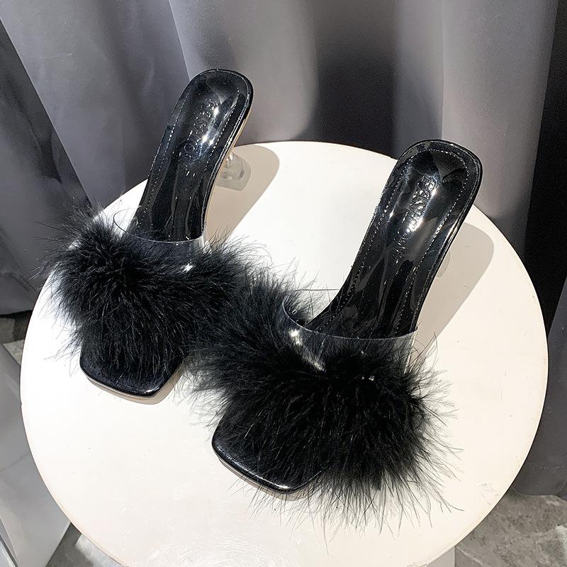 New Mao Mao Slippers Women's Outer Wear Summer Transparent Middle Heel Outdoor Slippers Women's Shoes