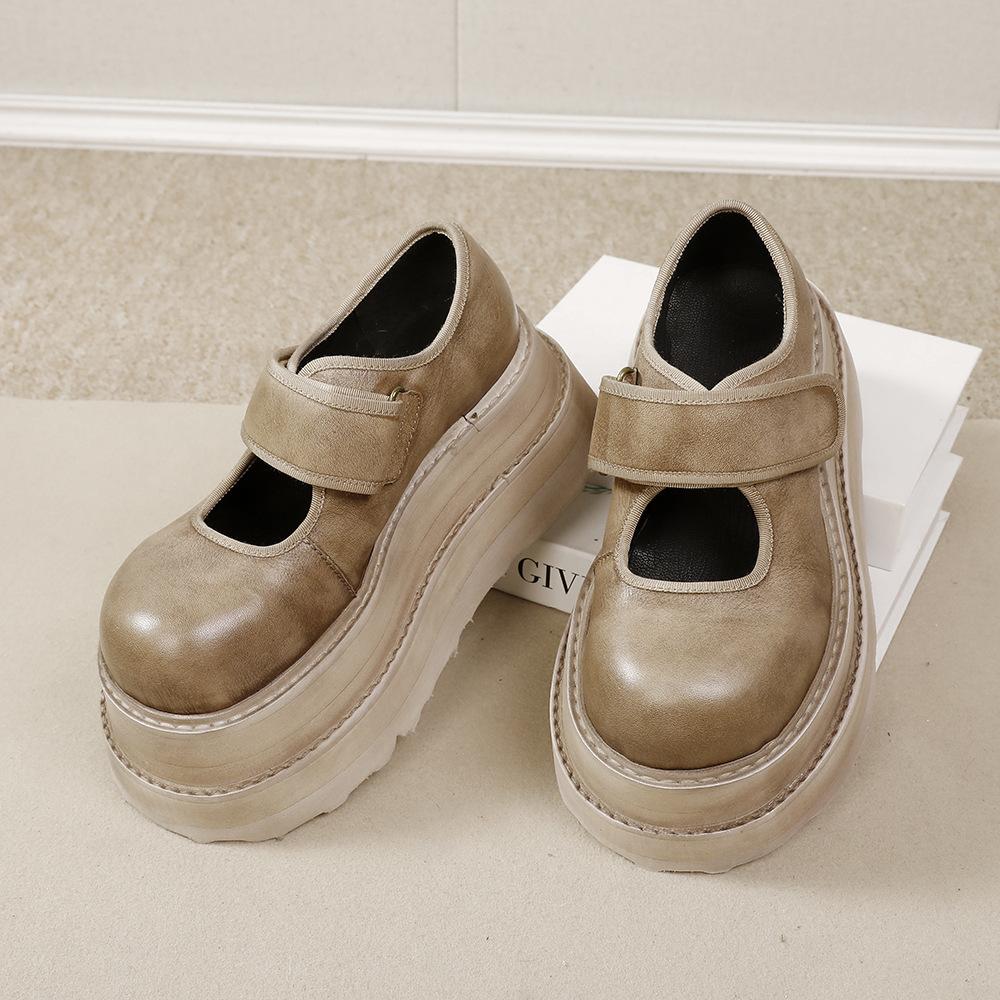 Johnature Natūralios odos 7 cm storio padais bateliai. Vintažiniai universalūs moteriški plokščiapadžiai bateliai su platforma.