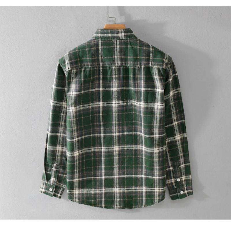 Japanese Style Long Sleeve Plaid Shirt Men Spring Fall Daily Men's Casual Shirt Pocket Turn-down Collar 100Cotton Button Shirt