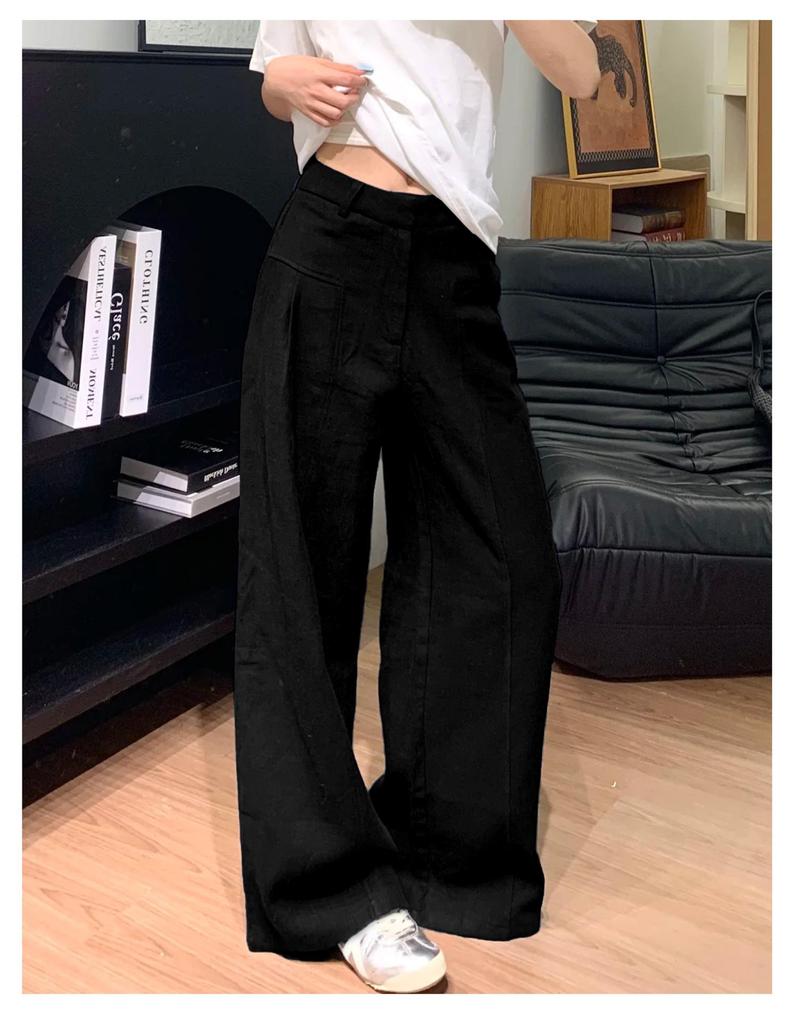 Korean Old Money Style Women's Wide-Leg Cotton Linen Pants, High-Waisted Straight Casual for Spring/Summer 2026.