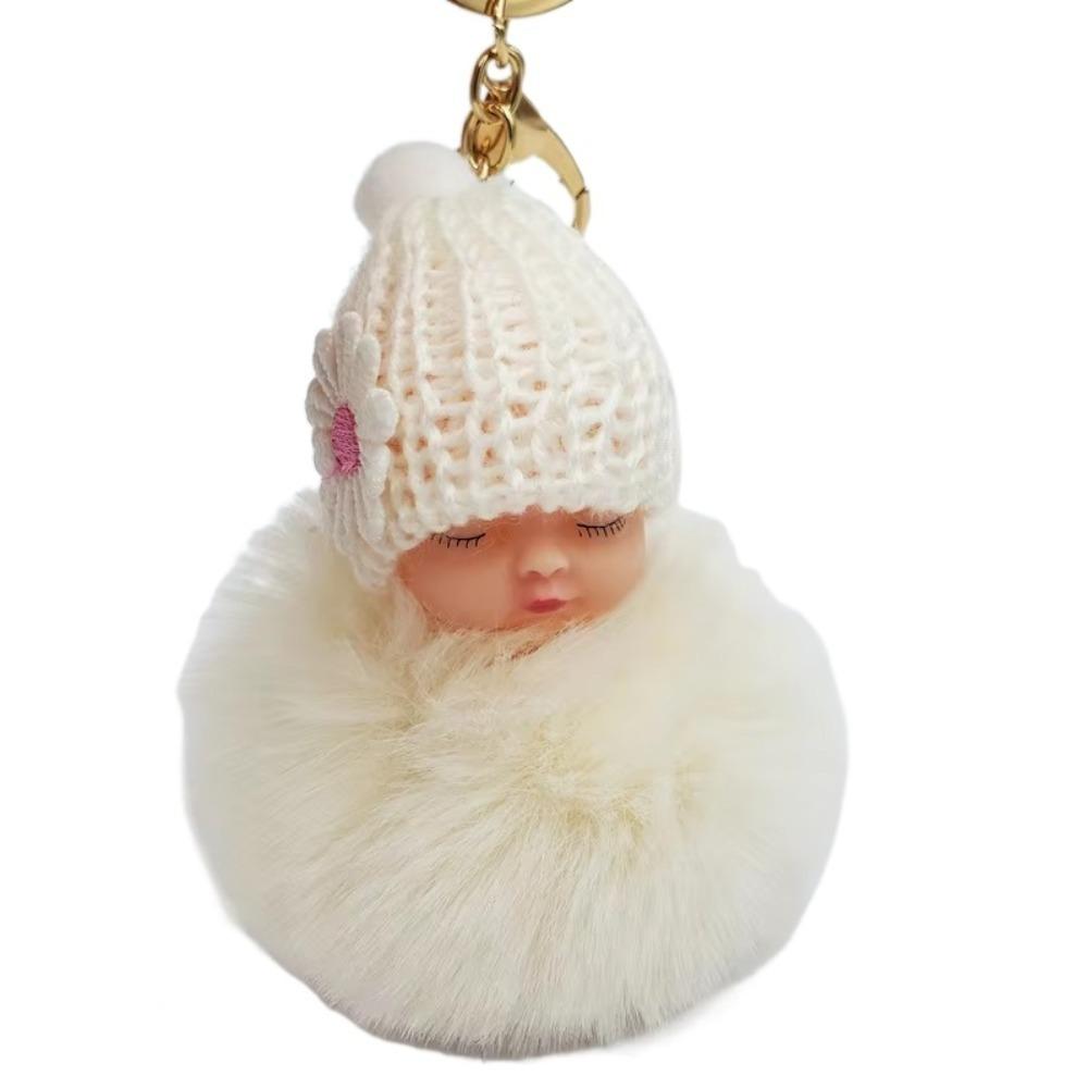 

Cute Pompom Sleeping Baby Keychain Fur Ball Gift Car Key Ring Fluffy Plush Doll Bag Charms Ornmant Couple білий