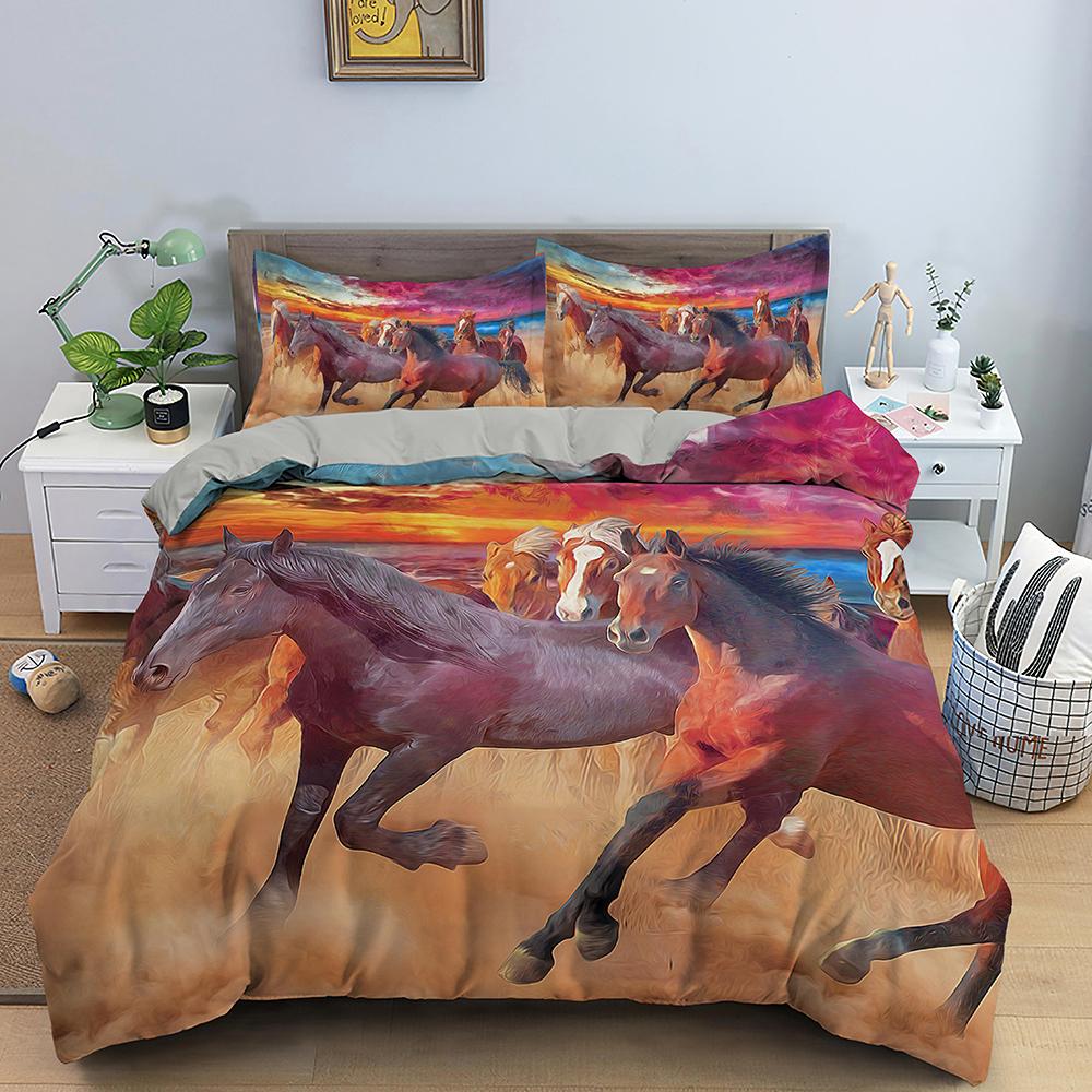 3D Horse Duvet Cover King Queen Size Black White Thoroughbreds Bedding Set For Teens Adults Animal 2/3pcs Polyester Quilt Cover