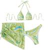 Women's Summer Fashion Sexy Texture Printing Backless Lace-up  Waist Pleated Knotted Bikini Three-pieces Swimsuit