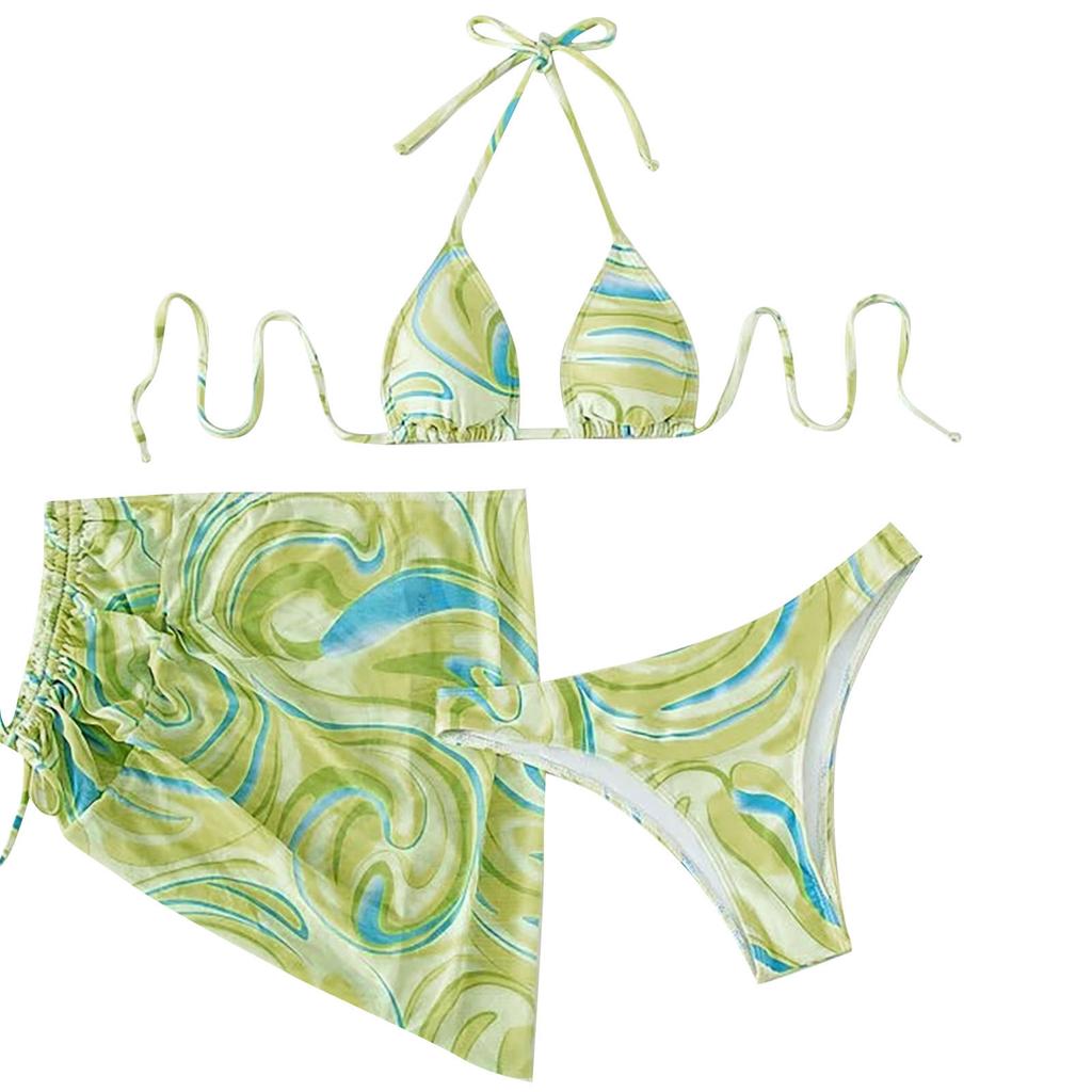 Women's Summer Fashion Sexy Texture Printing Backless Lace-up  Waist Pleated Knotted Bikini Three-pieces Swimsuit