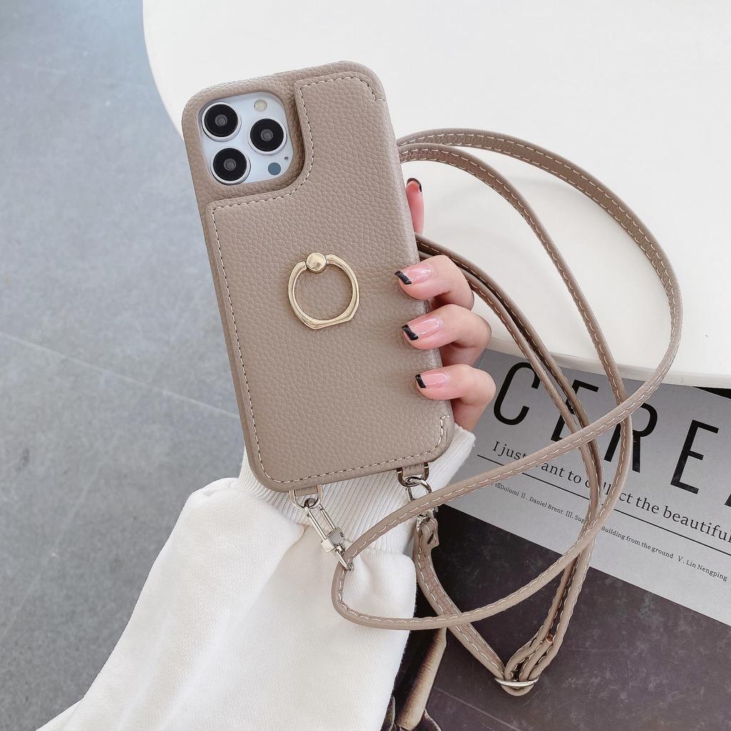 Suitable for iPhone14Pro Mobile Phone Case iPhone15 Lychee Pattern Card Beauty Mirror Diagonally Across Mobile Phone Case