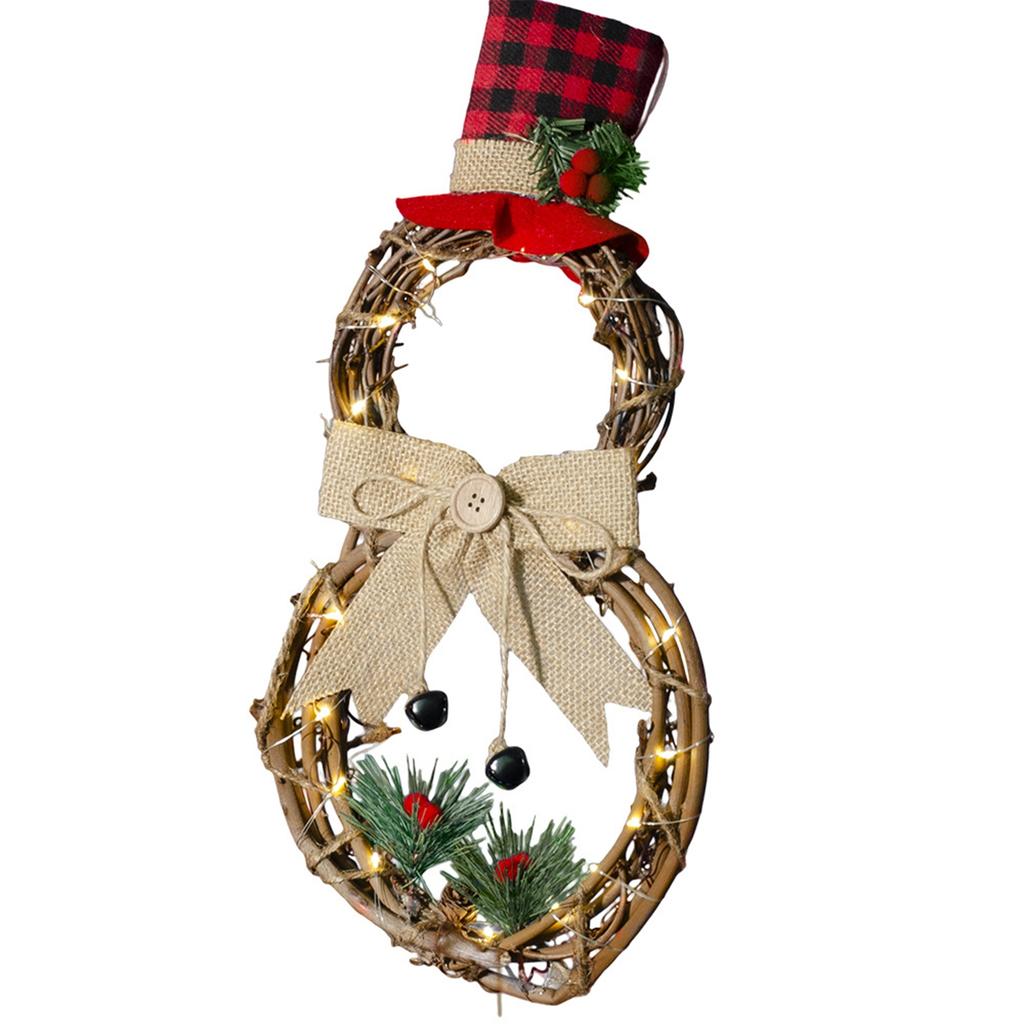 16 X 8 Inch Lighted Christmas Wreath Decoration, Grapevine Wreath With Hat And Bow Snowman Shape Wreath For Front Door Home Garden Wall Decor