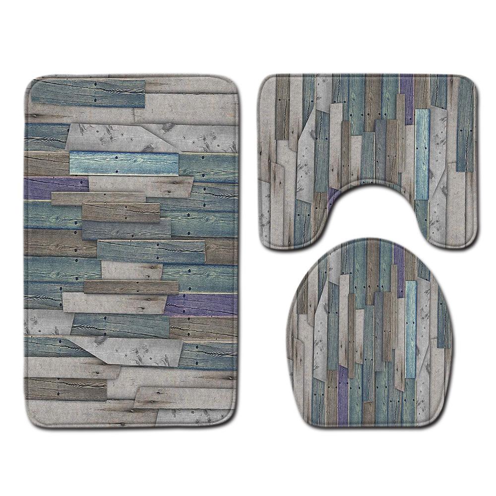Wood Grain Board Texture Toilet Carpet Set Bathroom Non-Slip Floor Mat Doormat