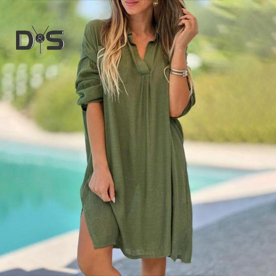 Lady Beach Shirt Dress with Cufflinks Thin Loose Side Slit Midi Dress Turn-down Collar Long Sleeve Dress for Vacation Daily Wear