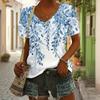 Women's V-neck T-shirt Summer Fashion Top Short-sleeved Ink Printing Pattern Loose Women's Outdoor T-shirt