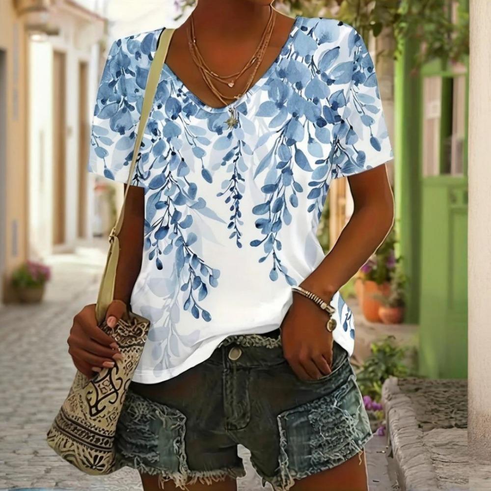 Women's V-neck T-shirt Summer Fashion Top Short-sleeved Ink Printing Pattern Loose Women's Outdoor T-shirt