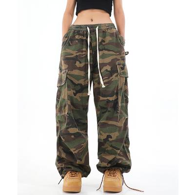 Kamuflaż kobiety Cargo spodnie Grunge elastyczny pas spodnie dresowe Hip Hop Unisex spodnie biegaczy Vintage kieszenie spodnie z szerokimi nogawkami