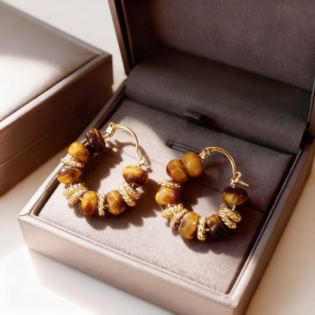 Vintage Amber Color Series Earrings for Women Temperament Brown Enamel Tiger Eye Ear Buckle Earring Party Jewelry Accessory Gift