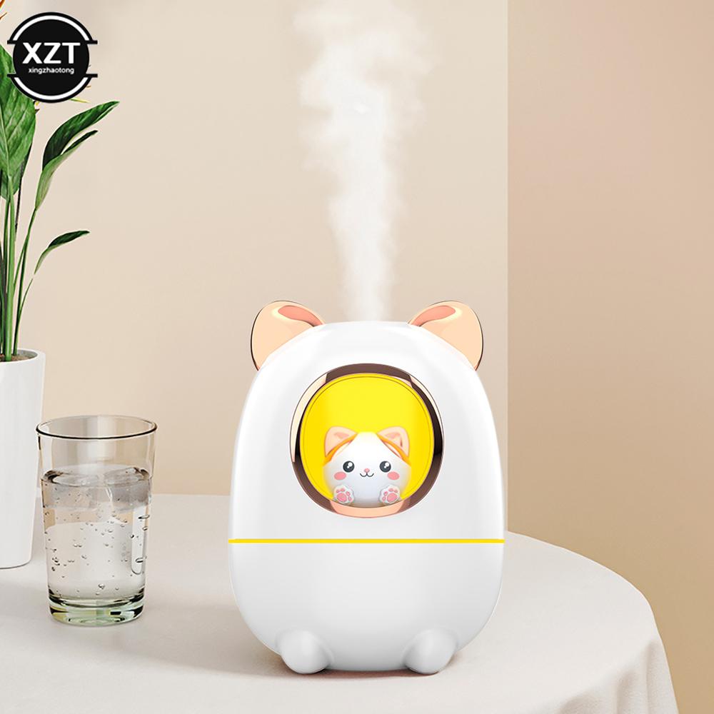 Cartoon Cat Humidifier Cute Style Essential Oil Diffuser with Night Light Desktop Silent Recharging Cooler for Home Car Office