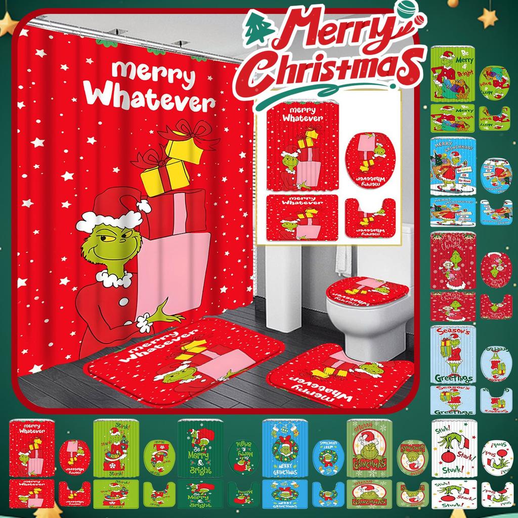Christmas Green-Haired Pattern Shower Curtain Four-piece Set With 12 Hooks Polyester Waterproof Shower Curtain.