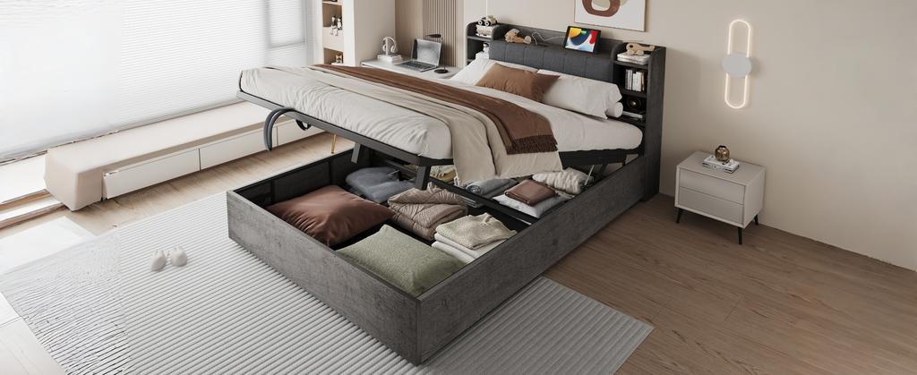 Wooden Bed 180 x 200 cm, Hydraulic, Headboard with Storage, Equipped with USB Port and Type-C Socket, Double Bed, Single Bed, Grey (Without Mattress)