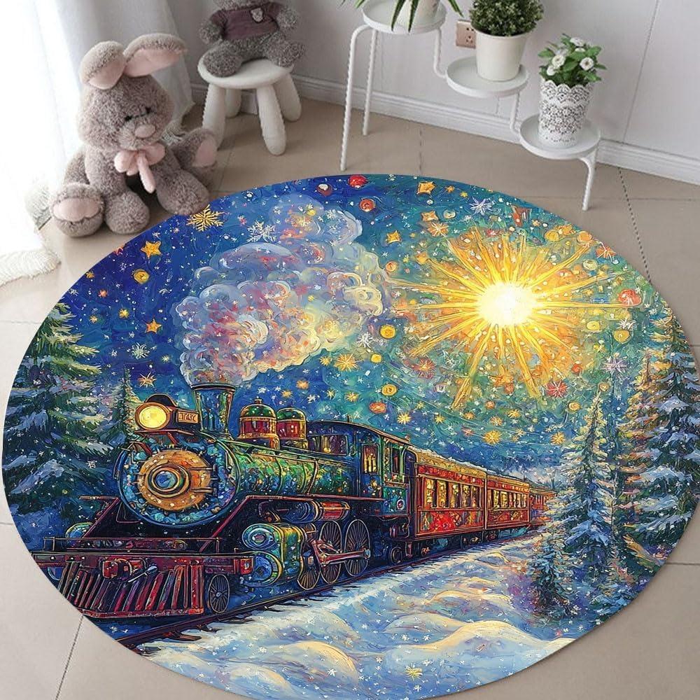 Colorful Mosaic Starry Sky Train Round Carpet Golden Sun Red Locomotive Forest Print Mat Dreamy Dazzling Glass Design Decor Rug