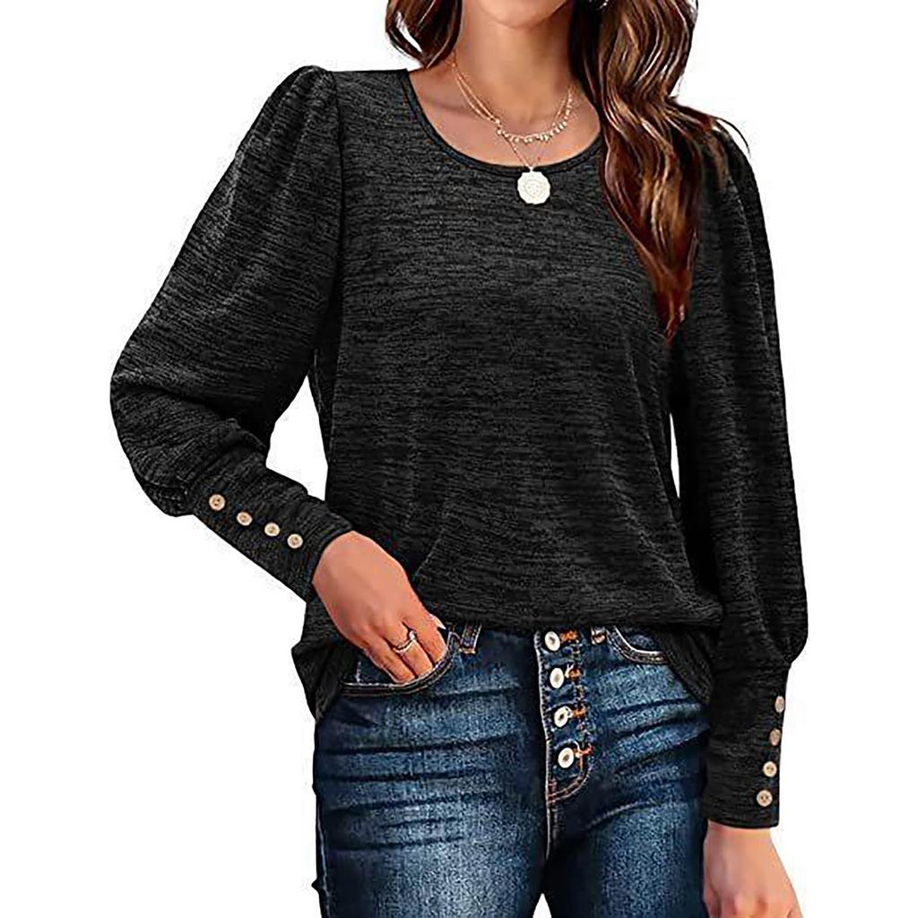 Women's Fashion Color Loose Casual Puffed Sleeves Round Neck Long Sleeve Tee Shirt Top