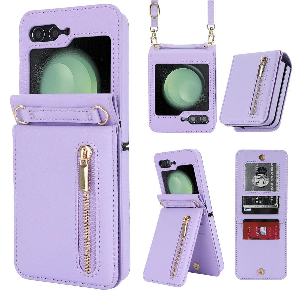 Zipper Lanyard Cards Leather Phone Case For Samsung Galaxy Z Flip 6 5 4 3 Flip5 Flip4 Wallet Stand Cover