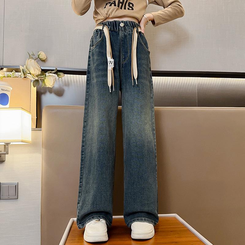 

Прямые брюки для девочек, широкие джинсы для весны и осени, детские брюки для девочек, длинные брюки 170 синий