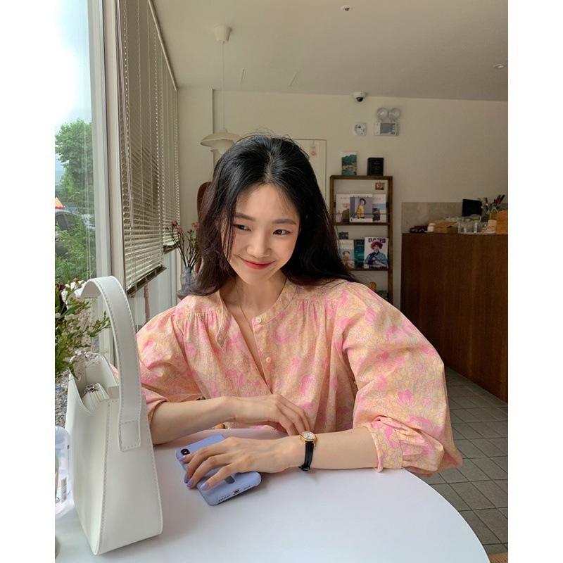 Wiosna Lato Moda damska Kwiatowa koszula z długim rękawem Luźne topy z guzikami