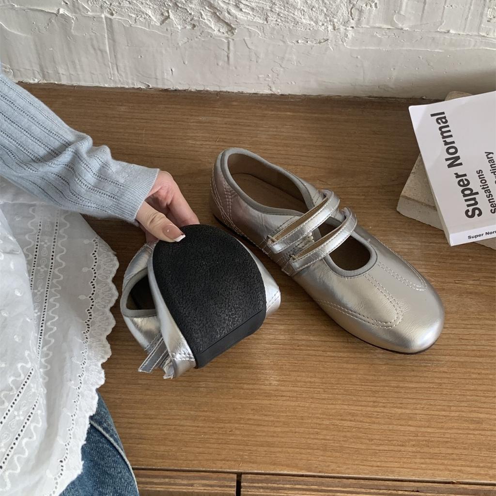 Korean version of round head 2025 autumn light mouth single shoes Velcro fashion versatile soft flat silver Mary Jane shoes ballet shoes