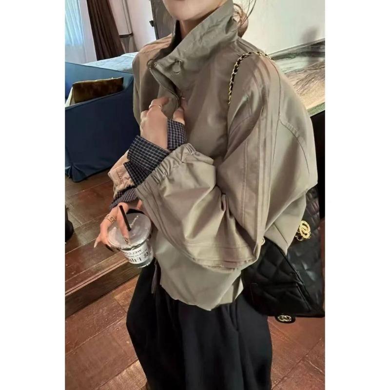 Casual Stand-up Collar Plaid Splicing Jacket Short European 2025 Autumn New Loose Fashion Jacket Top