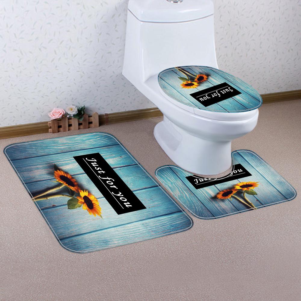 1/4 Wooden Sunflower Shower Curtains, Toilet Seat Decoration, Shower Curtain With Carpet And Toilet Lid, 12 70.8X70.8 Inch Hooks