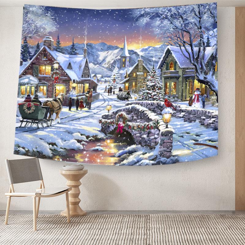 Christmas New Year Santa Snow Scene Tapestry Wall Hanging Gift Elk Bohemian Style Bed Curtain Dormitory Home Decor