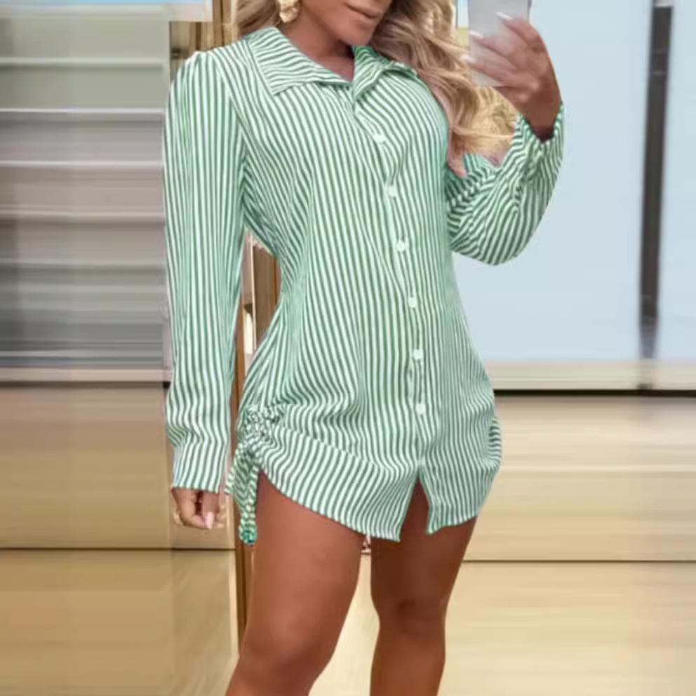 BITCED Women's Autumn Fashion Sexy Two Side Drawstring Shirt Dress