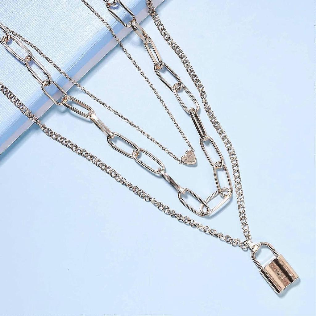 Layered Heart Necklace Gold Lock Chain Necklace Block Paper Clip Necklace