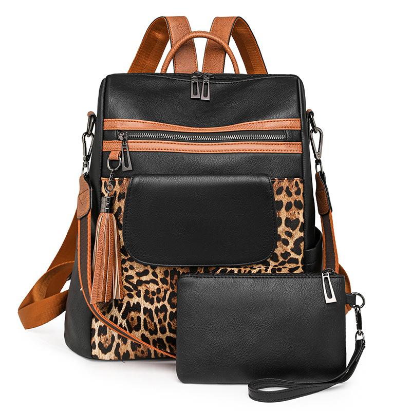 2024 Rucksack Damen Hochwertiger Rucksack Schultaschen Geldbörse Leopardenmuster Patchwork Mädchen Große Kapazität Reiserucksack