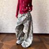 Womens Relaxed Fit Distressed Embroidered Letter Camo Denim Pants High Waist Baggy Cargo Style Streetwear