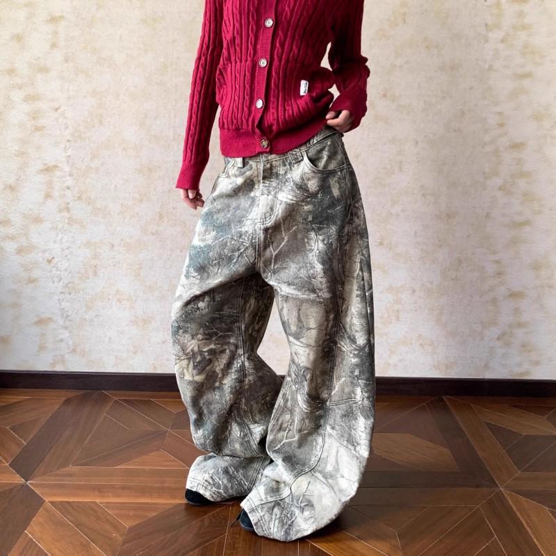 Womens Relaxed Fit Distressed Embroidered Letter Camo Denim Pants High Waist Baggy Cargo Style Streetwear